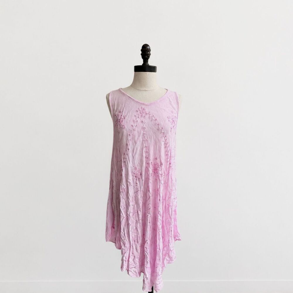 Vintage Y2K Pink Embroidered Dress Beaded Handkerchief Hem Free Size Boho